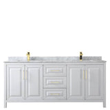 Daria 80 Inch Double Bathroom Vanity in White, White Carrara Marble Countertop, Undermount Square Sinks, Brushed Gold Trim