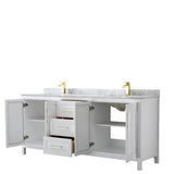 Daria 80 Inch Double Bathroom Vanity in White, White Carrara Marble Countertop, Undermount Square Sinks, Brushed Gold Trim