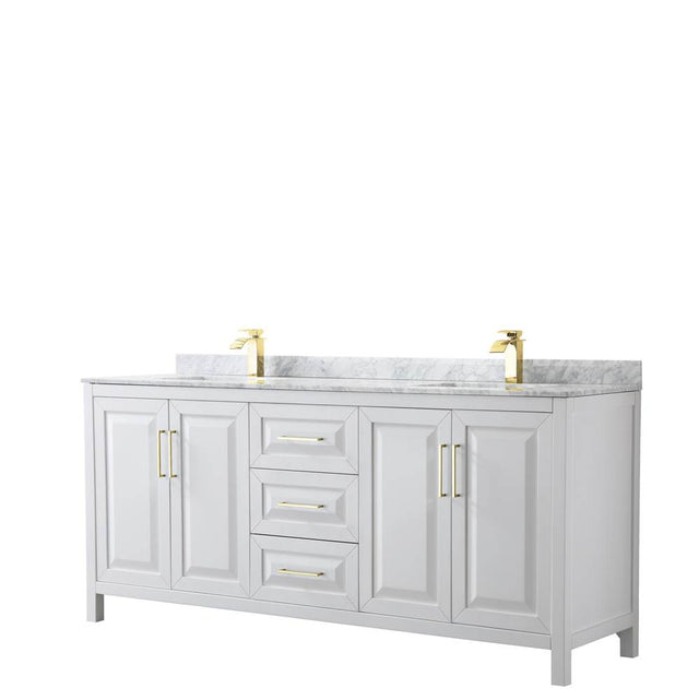 Wyndham Collection - Daria 80 Inch Double Bathroom Vanity in White, White Carrara Marble Countertop, Undermount Square Sinks, Brushed Gold Trim