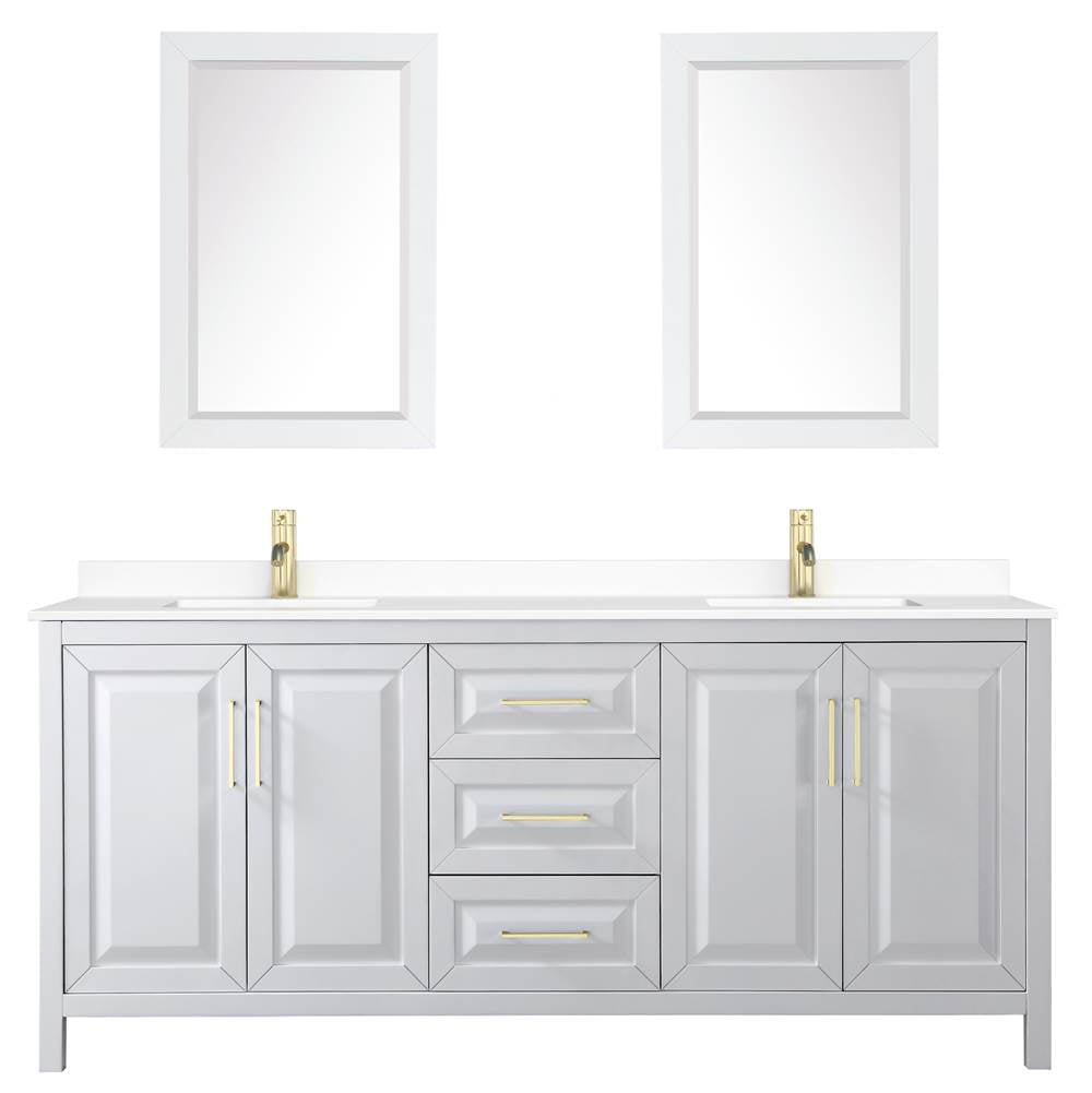 Daria 80 Inch Double Bathroom Vanity in White, White Cultured Marble Countertop, Undermount Square Sinks, 24 Inch Mirrors, Brushed Gold Trim