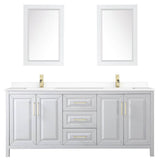 Daria 80 Inch Double Bathroom Vanity in White, White Cultured Marble Countertop, Undermount Square Sinks, 24 Inch Mirrors, Brushed Gold Trim