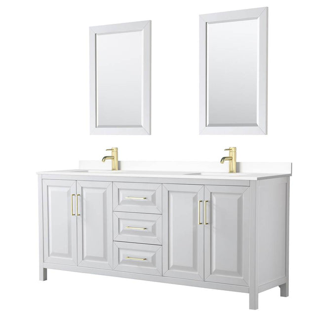 Wyndham Collection - Daria 80 Inch Double Bathroom Vanity in White, White Cultured Marble Countertop, Undermount Square Sinks, 24 Inch Mirrors, Brushed Gold Trim