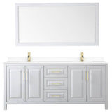 Daria 80 Inch Double Bathroom Vanity in White, White Cultured Marble Countertop, Undermount Square Sinks, 70 Inch Mirror, Brushed Gold Trim