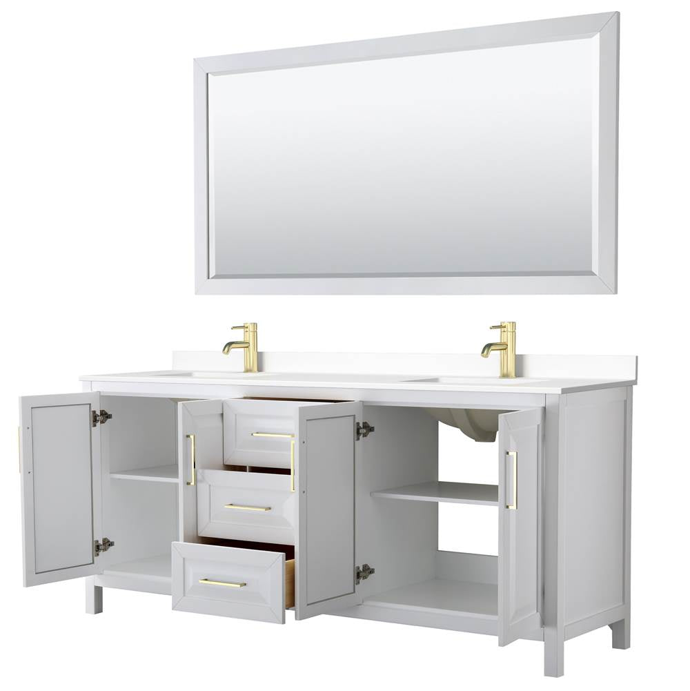Daria 80 Inch Double Bathroom Vanity in White, White Cultured Marble Countertop, Undermount Square Sinks, 70 Inch Mirror, Brushed Gold Trim