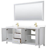 Daria 80 Inch Double Bathroom Vanity in White, White Cultured Marble Countertop, Undermount Square Sinks, 70 Inch Mirror, Brushed Gold Trim