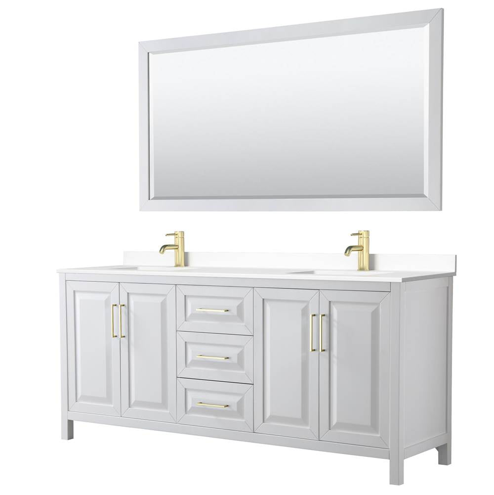 Wyndham Collection - Daria 80 Inch Double Bathroom Vanity in White, White Cultured Marble Countertop, Undermount Square Sinks, 70 Inch Mirror, Brushed Gold Trim