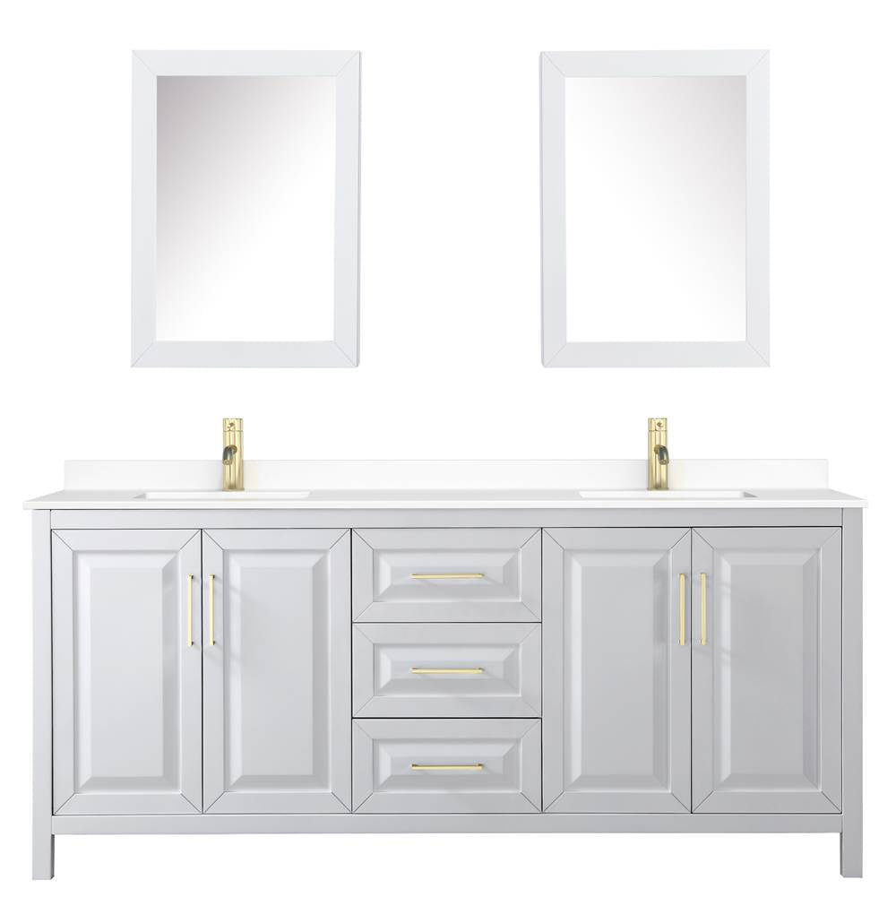 Daria 80 Inch Double Bathroom Vanity in White, White Cultured Marble Countertop, Undermount Square Sinks, Medicine Cabinets, Brushed Gold Trim