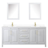 Daria 80 Inch Double Bathroom Vanity in White, White Cultured Marble Countertop, Undermount Square Sinks, Medicine Cabinets, Brushed Gold Trim