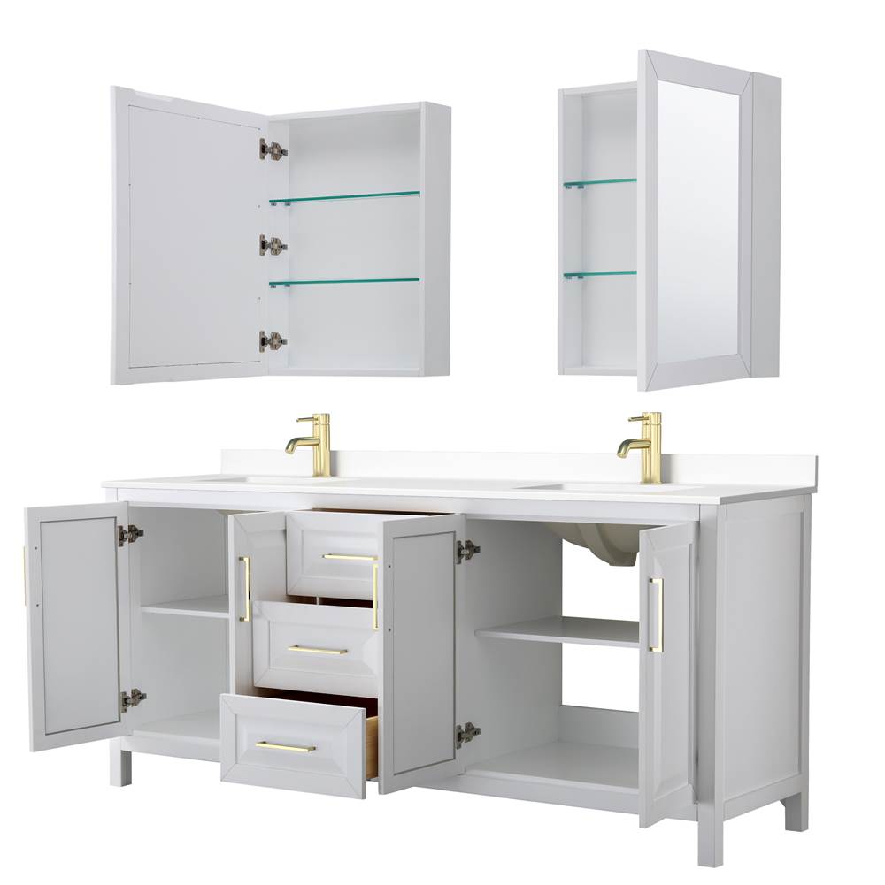 Daria 80 Inch Double Bathroom Vanity in White, White Cultured Marble Countertop, Undermount Square Sinks, Medicine Cabinets, Brushed Gold Trim