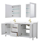 Daria 80 Inch Double Bathroom Vanity in White, White Cultured Marble Countertop, Undermount Square Sinks, Medicine Cabinets, Brushed Gold Trim