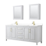 Wyndham Collection - Daria 80 Inch Double Bathroom Vanity in White, White Cultured Marble Countertop, Undermount Square Sinks, Medicine Cabinets, Brushed Gold Trim