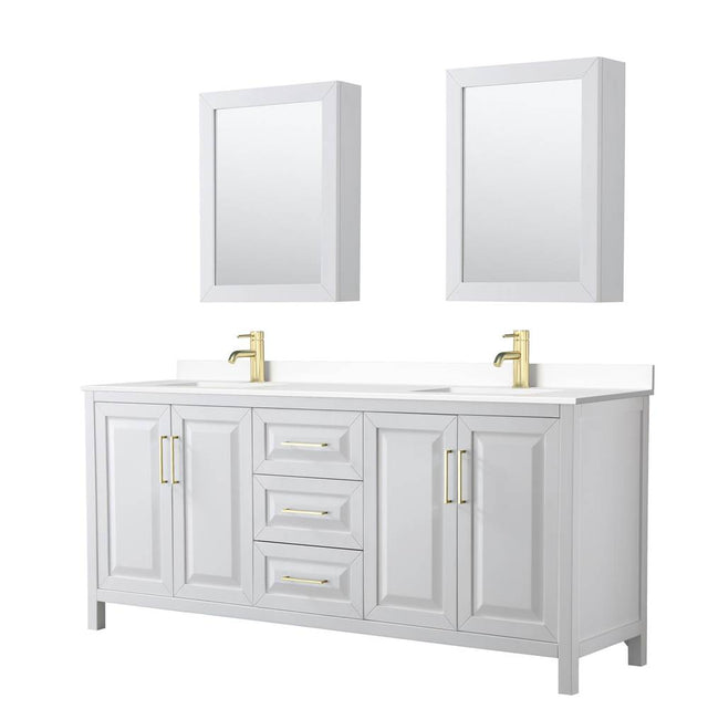 Wyndham Collection - Daria 80 Inch Double Bathroom Vanity in White, White Cultured Marble Countertop, Undermount Square Sinks, Medicine Cabinets, Brushed Gold Trim