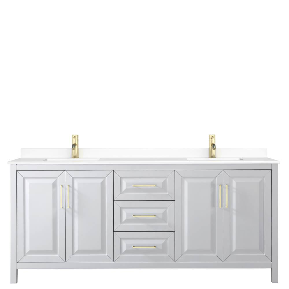 Daria 80 Inch Double Bathroom Vanity in White, White Cultured Marble Countertop, Undermount Square Sinks, Brushed Gold Trim
