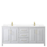 Daria 80 Inch Double Bathroom Vanity in White, White Cultured Marble Countertop, Undermount Square Sinks, Brushed Gold Trim