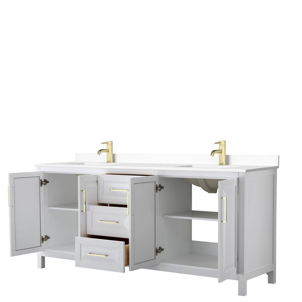 Daria 80 Inch Double Bathroom Vanity in White, White Cultured Marble Countertop, Undermount Square Sinks, Brushed Gold Trim