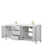 Daria 80 Inch Double Bathroom Vanity in White, White Cultured Marble Countertop, Undermount Square Sinks, Brushed Gold Trim