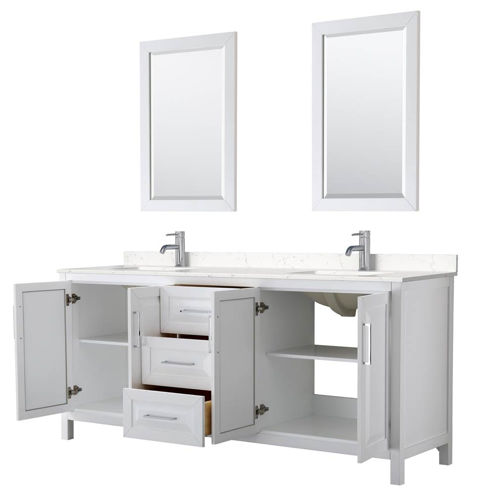 Daria 80 Inch Double Bathroom Vanity in White, Carrara Cultured Marble Countertop, Undermount Square Sinks, 24 Inch Mirrors