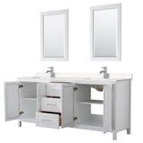 Daria 80 Inch Double Bathroom Vanity in White, Carrara Cultured Marble Countertop, Undermount Square Sinks, 24 Inch Mirrors