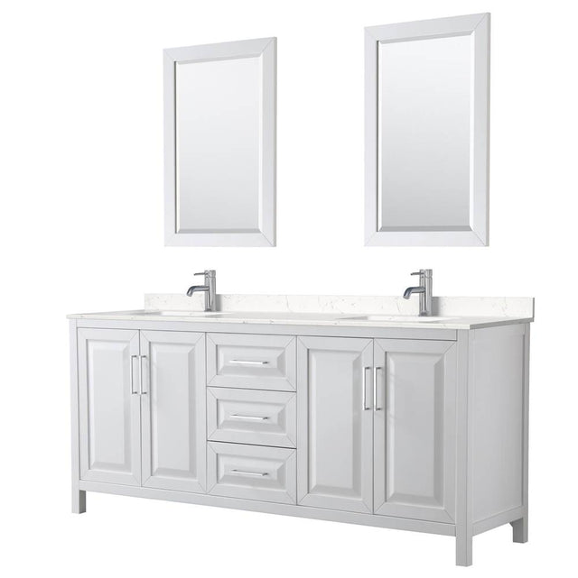 Wyndham Collection - Daria 80 Inch Double Bathroom Vanity in White, Carrara Cultured Marble Countertop, Undermount Square Sinks, 24 Inch Mirrors