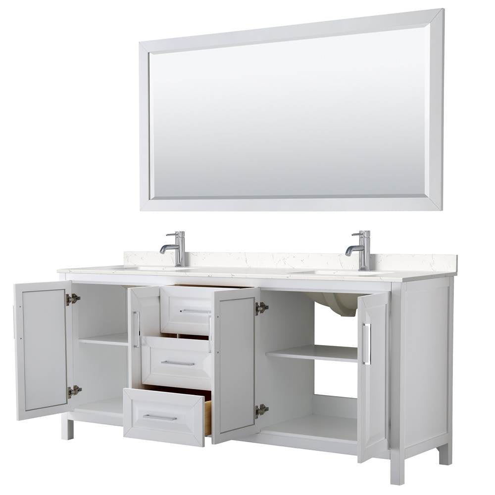 Daria 80 Inch Double Bathroom Vanity in White, Carrara Cultured Marble Countertop, Undermount Square Sinks, 70 Inch Mirror