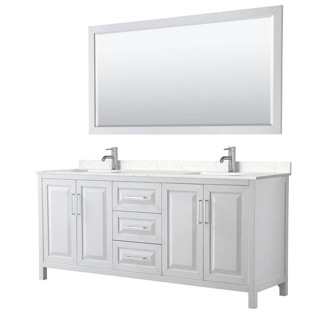 Wyndham Collection - Daria 80 Inch Double Bathroom Vanity in White, Carrara Cultured Marble Countertop, Undermount Square Sinks, 70 Inch Mirror