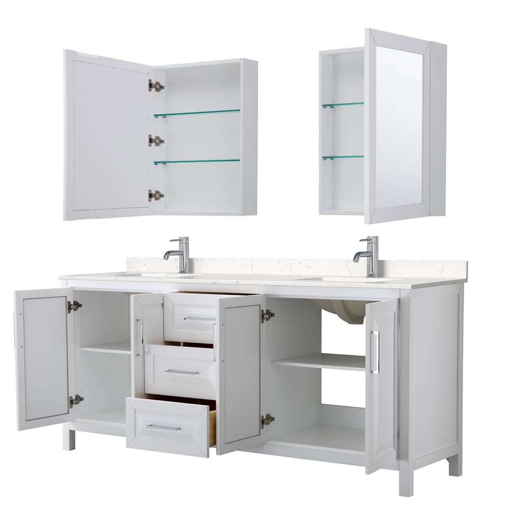 Daria 80 Inch Double Bathroom Vanity in White, Carrara Cultured Marble Countertop, Undermount Square Sinks, Medicine Cabinets