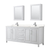 Wyndham Collection - Daria 80 Inch Double Bathroom Vanity in White, Carrara Cultured Marble Countertop, Undermount Square Sinks, Medicine Cabinets