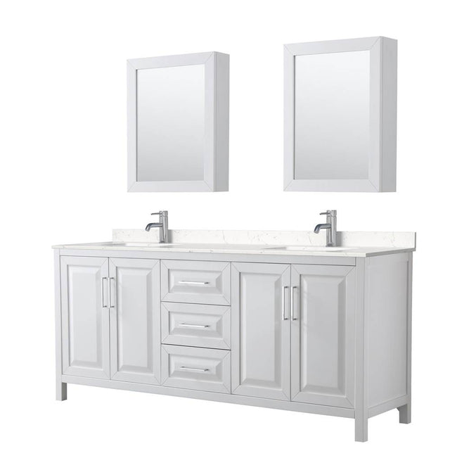 Wyndham Collection - Daria 80 Inch Double Bathroom Vanity in White, Carrara Cultured Marble Countertop, Undermount Square Sinks, Medicine Cabinets