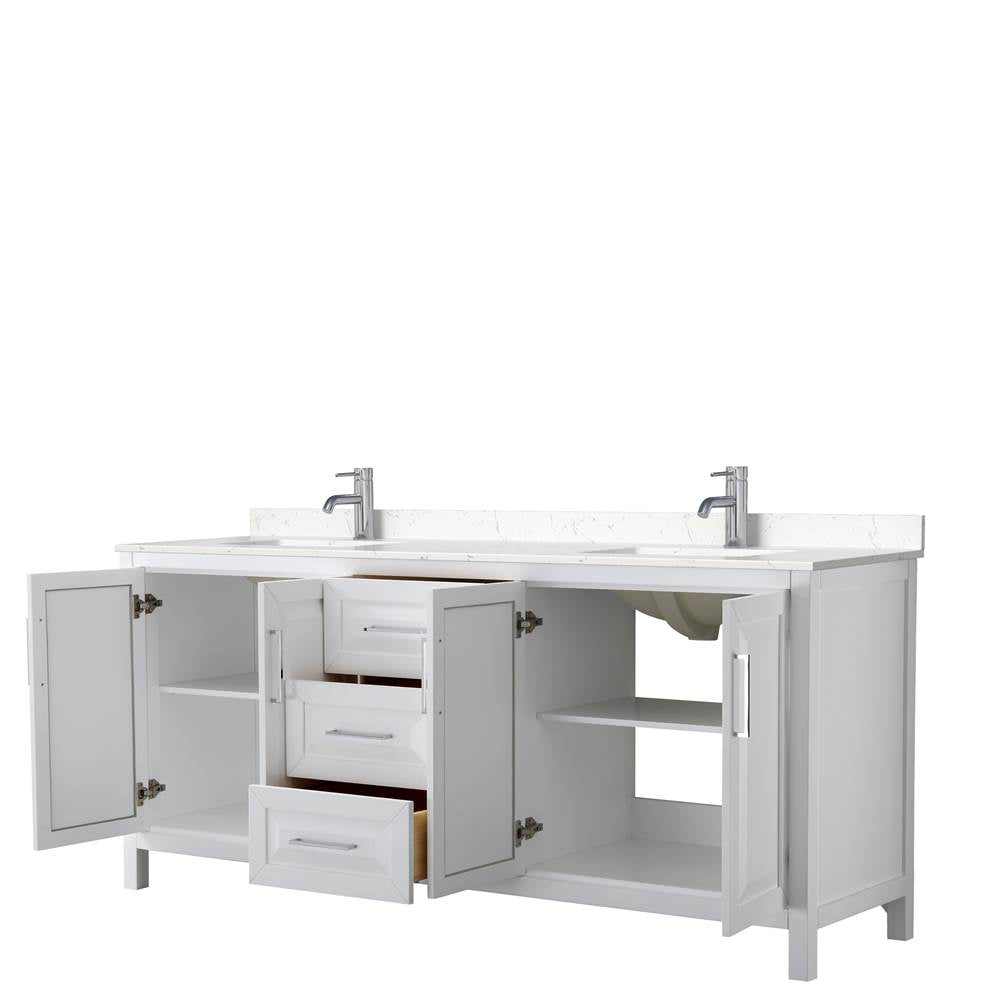 Daria 80 Inch Double Bathroom Vanity in White, Carrara Cultured Marble Countertop, Undermount Square Sinks, No Mirror