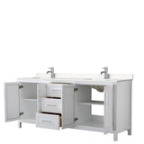 Daria 80 Inch Double Bathroom Vanity in White, Carrara Cultured Marble Countertop, Undermount Square Sinks, No Mirror