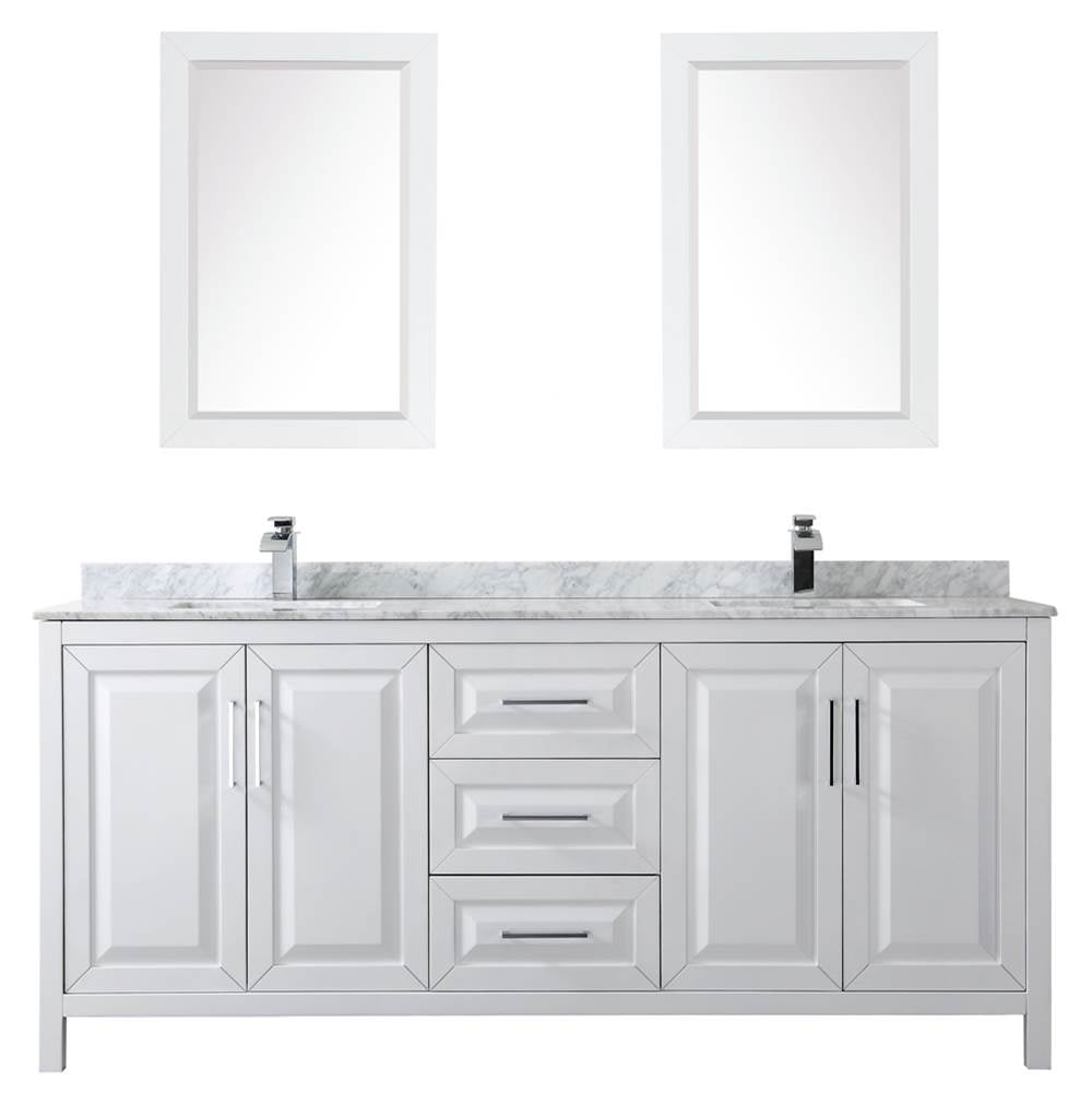 Daria 80 Inch Double Bathroom Vanity in Dark Blue, White Carrara Marble Countertop, Undermount Square Sinks, 24 Inch Mirrors