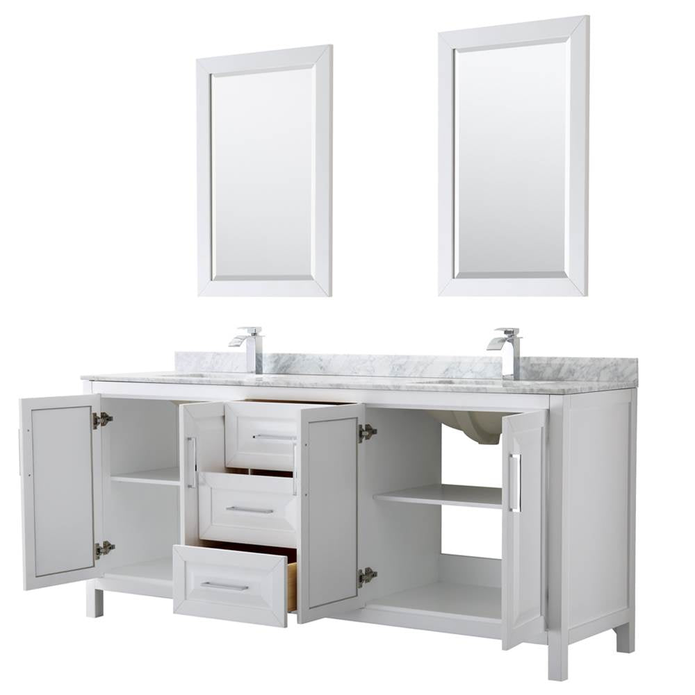 Daria 80 Inch Double Bathroom Vanity in Dark Blue, White Carrara Marble Countertop, Undermount Square Sinks, 24 Inch Mirrors
