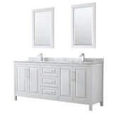 Wyndham Collection - Daria 80 Inch Double Bathroom Vanity in White, White Carrara Marble Countertop, Undermount Square Sinks, and 24 Inch Mirrors - White