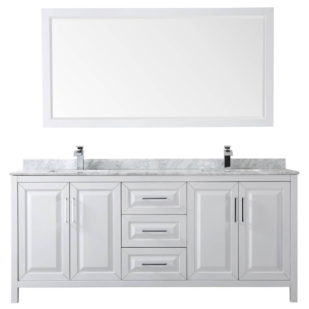 Daria 80 Inch Double Bathroom Vanity in Dark Blue, White Carrara Marble Countertop, Undermount Square Sinks, 70 Inch Mirror