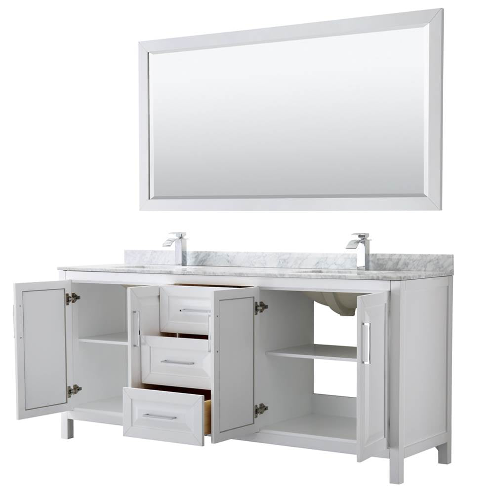 Daria 80 Inch Double Bathroom Vanity in Dark Blue, White Carrara Marble Countertop, Undermount Square Sinks, 70 Inch Mirror