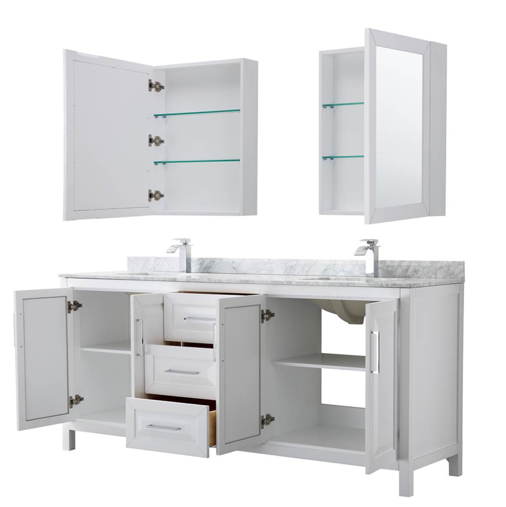 Daria 80 Inch Double Bathroom Vanity in Dark Blue, White Carrara Marble Countertop, Undermount Square Sinks, Medicine Cabinets