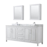 Wyndham Collection - Daria 80 Inch Double Bathroom Vanity in White, White Carrara Marble Countertop, Undermount Square Sinks, and Medicine Cabinets - White