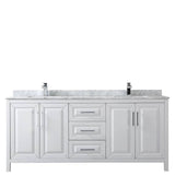 Daria 80 Inch Double Bathroom Vanity in Dark Blue, White Carrara Marble Countertop, Undermount Square Sinks, No Mirror