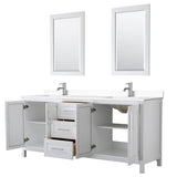 Daria 80 Inch Double Bathroom Vanity in White, White Cultured Marble Countertop, Undermount Square Sinks, 24 Inch Mirrors