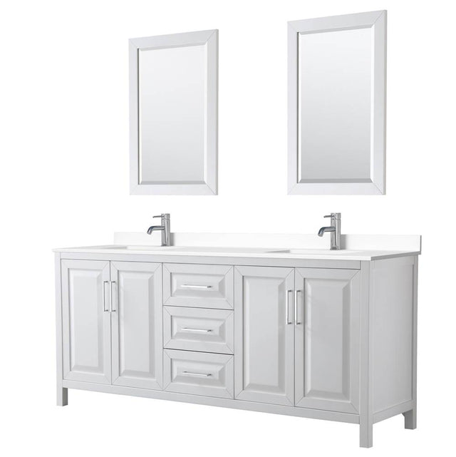 Wyndham Collection - Daria 80 Inch Double Bathroom Vanity in White, White Cultured Marble Countertop, Undermount Square Sinks, 24 Inch Mirrors