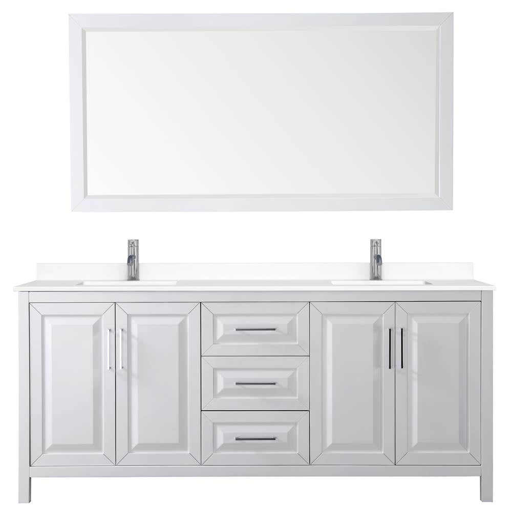 Daria 80 Inch Double Bathroom Vanity in White, White Cultured Marble Countertop, Undermount Square Sinks, 70 Inch Mirror