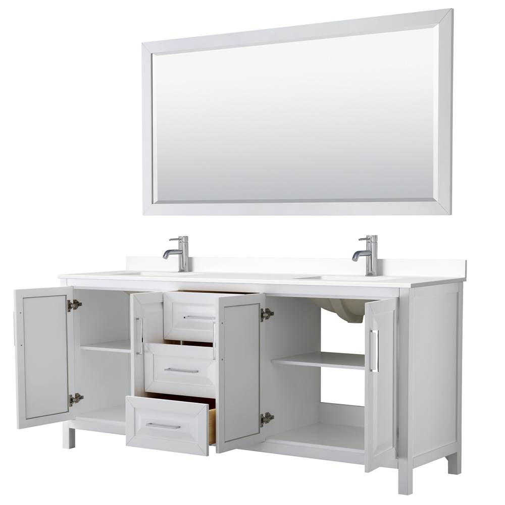 Daria 80 Inch Double Bathroom Vanity in White, White Cultured Marble Countertop, Undermount Square Sinks, 70 Inch Mirror