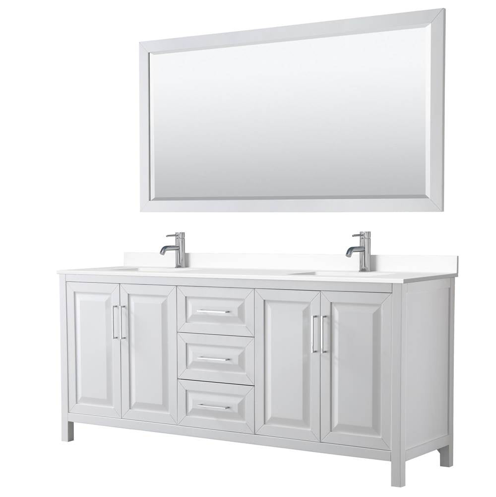 Wyndham Collection - Daria 80 Inch Double Bathroom Vanity in White, White Cultured Marble Countertop, Undermount Square Sinks, 70 Inch Mirror