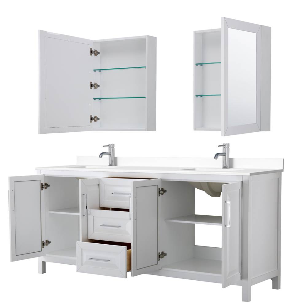 Daria 80 Inch Double Bathroom Vanity in White, White Cultured Marble Countertop, Undermount Square Sinks, Medicine Cabinets