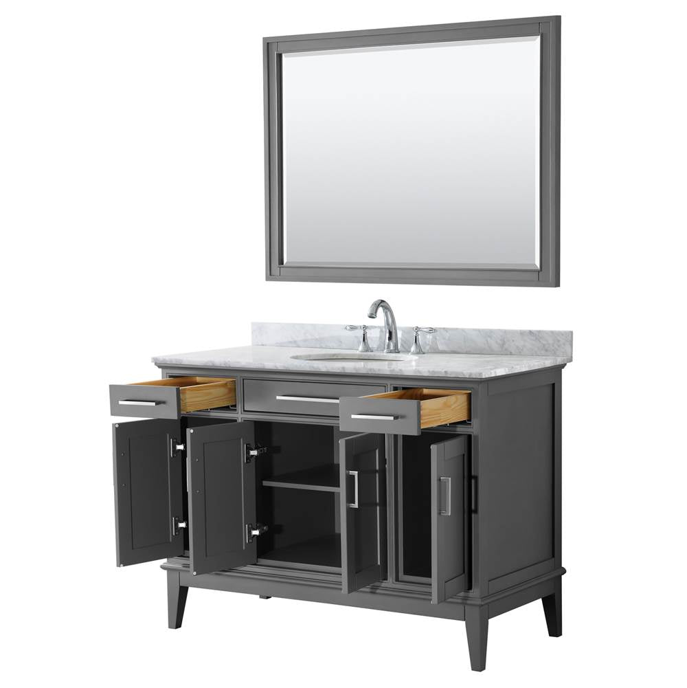 Margate 48 Inch Single Bathroom Vanity in Dark Gray, White Carrara Marble Countertop, Undermount Oval Sink, and 44 Inch Mirror