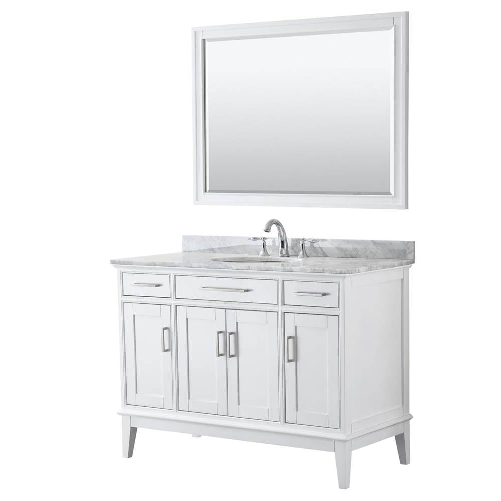 Wyndham Collection - Margate 48 Inch Single Bathroom Vanity in White, White Carrara Marble Countertop, Undermount Oval Sink, and 44 Inch Mirror - White