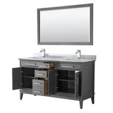 Margate 60 Inch Double Bathroom Vanity in Dark Gray, White Carrara Marble Countertop, Undermount Square Sinks, and 56 Inch Mirror