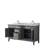 Margate 60 Inch Double Bathroom Vanity in Dark Gray, White Carrara Marble Countertop, Undermount Square Sinks, and No Mirror