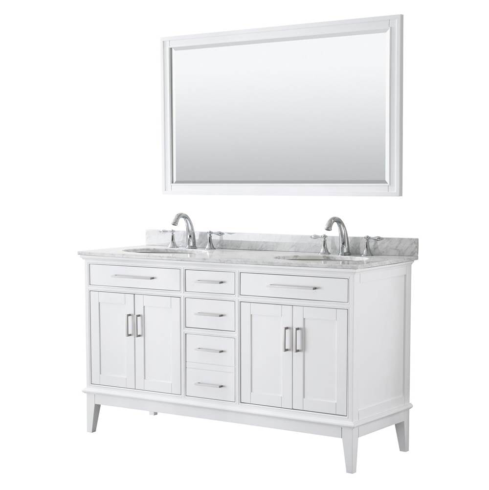 Wyndham Collection - Margate 60 Inch Double Bathroom Vanity in White, White Carrara Marble Countertop, Undermount Oval Sinks, and 56 Inch Mirror - White