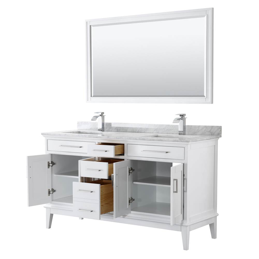 Margate 60 Inch Double Bathroom Vanity in Dark Gray, White Carrara Marble Countertop, Undermount Square Sinks, and 56 Inch Mirror